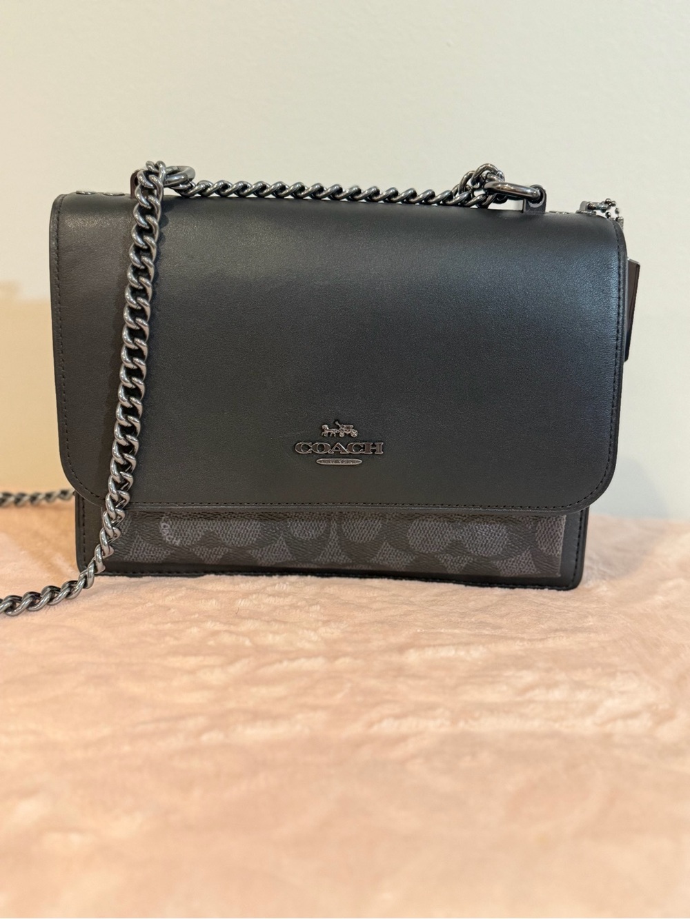 Coach Klare Black Leather and Signature Charcoal Canvas Chain Crossbody